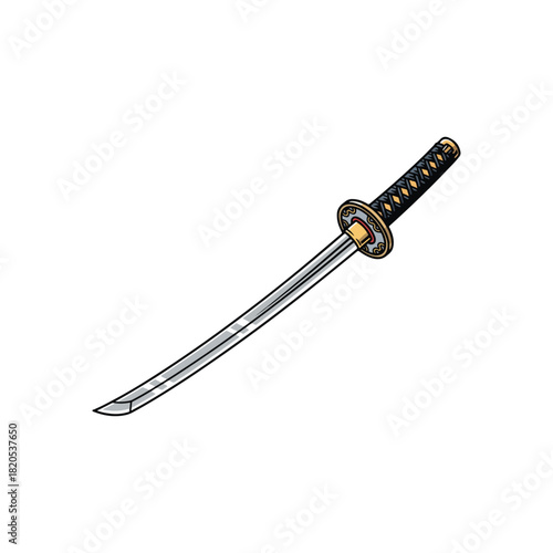 Illustration of a Japanese katana sword with a curved blade, black handle, and gold accents against a white background.