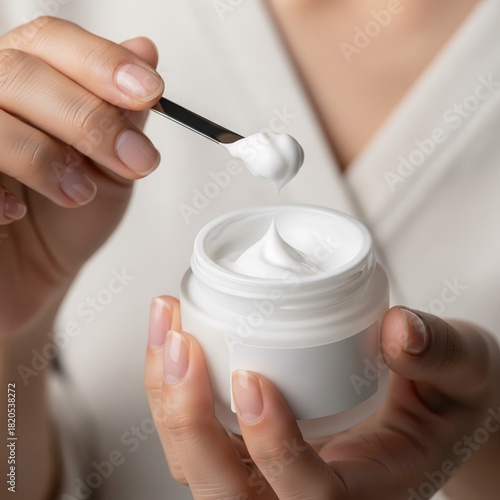Woman scoops facial cream from a jar with a cosmetic spatula, skincare routine concept