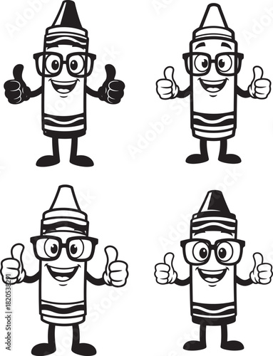 Four cartoon crayons with glasses giving thumbs up silhouette