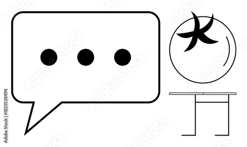 Speech bubble with three ellipses and a crystal ball on a minimalist table, suggesting dialogue, foresight, and decision-making. Ideal for communication, prediction, simplicity, innovation