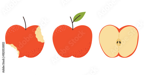 Red apple with leaf, Bitten fresh apple and half cut