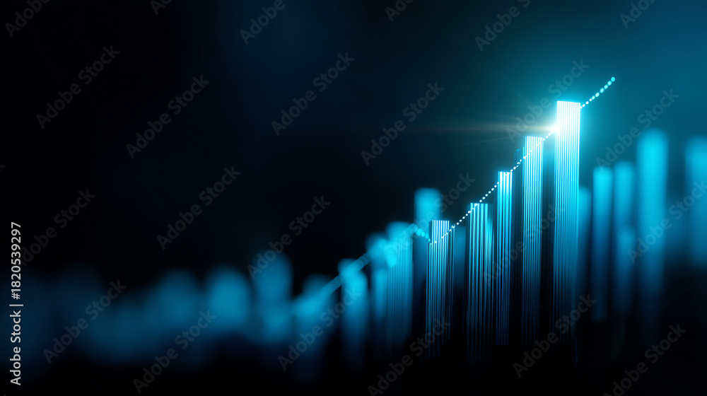 custom made wallpaper toronto digitalGlowing blue bar chart with ascending vertical lines and dotted trend line on dark background, representing data growth, progress, and financial or technological advancement