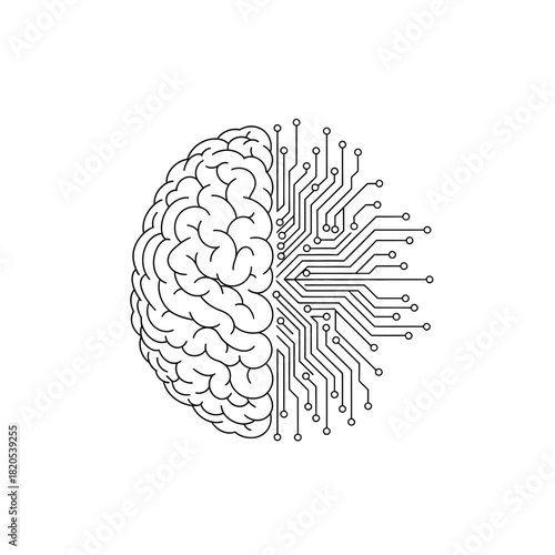 Conceptual line art illustration showing the merging of human brain anatomy with digital circuit board technology vector illustration