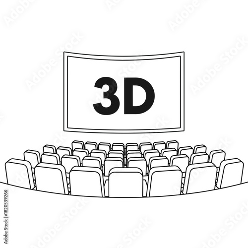 Black and white line art icon of a movie theater with empty seats facing a screen displaying 3d text, vector illustration