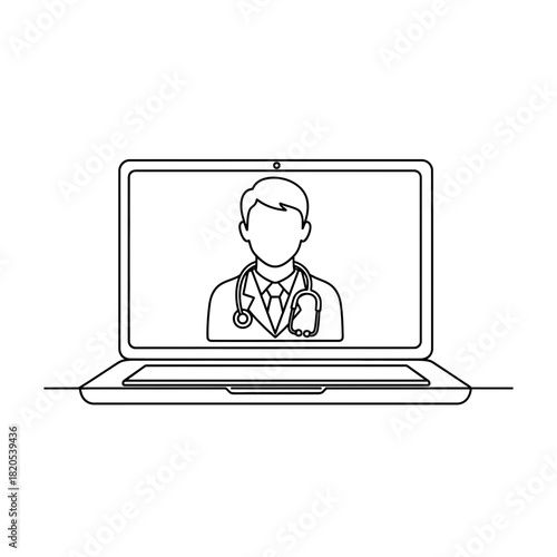 Outline icon of doctor on laptop screen representing telemedicine consultation or online medical advice vector illustration