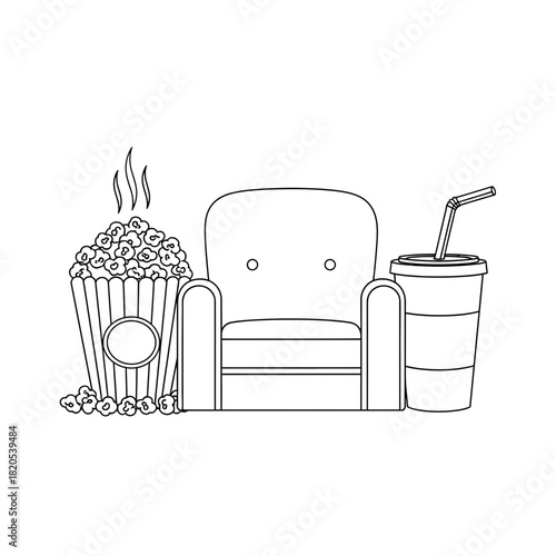 Outline drawing of a single cinema armchair with a large bucket of popcorn and a soda drink, vector illustration