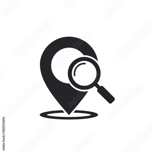 Black and white icon representing location search, map pin with magnifying glass, vector illustration