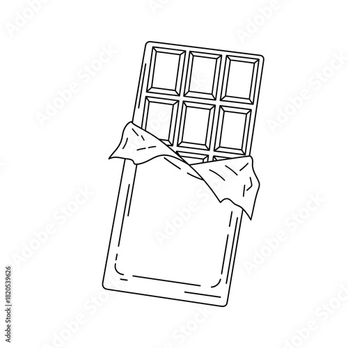 Simple black and white line art drawing of a partially unwrapped chocolate bar with visible squares, vector illustration