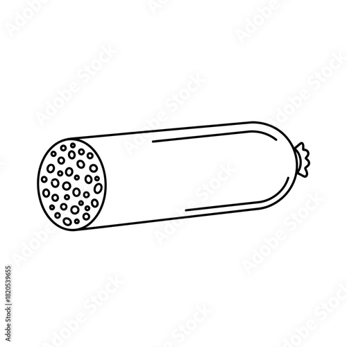 Simple black and white line art icon of a whole salami sausage with visible cross section dots, vector illustration
