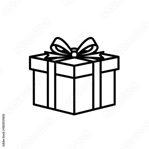 Simple black and white line art icon of a square gift box tied with a ribbon and bow, vector illustration