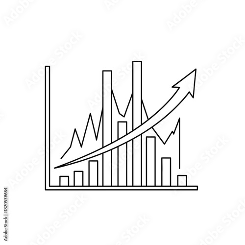 Line icon of a bar chart with an upward trending arrow showing business growth and statistical analysis vector illustration