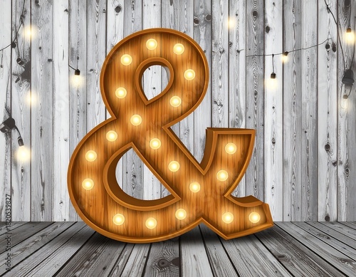 Large, illuminated ampersand against wooden backdrop and lights
