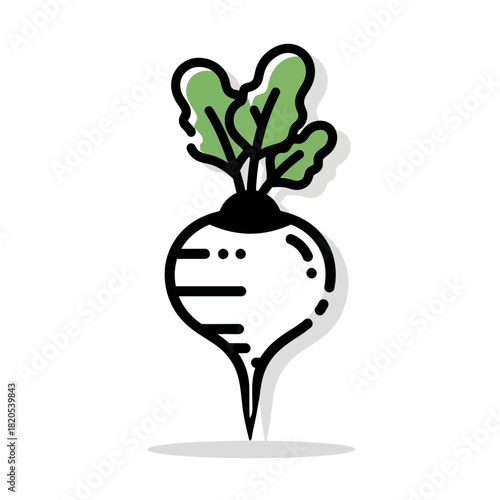 Doodle icon of a fresh radish root vegetable with green leaves, vector illustration