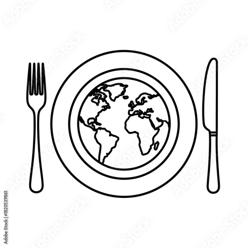 Outline icon of earth globe on plate with fork and knife, representing global food concept, vector illustration