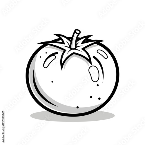 Black and white line art illustration of a single ripe tomato with stem, vector illustration