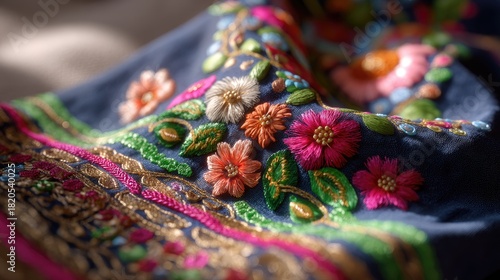 Vibrant Floral Embroidery on Dark Fabric with Intricate Detailing and Rich Colors