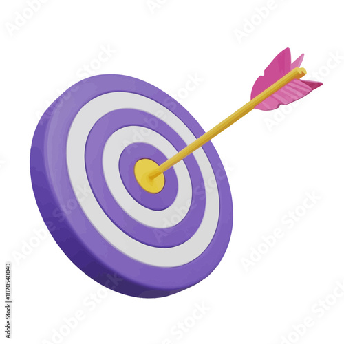 3d rendering of a purple and white target with a yellow arrow hitting the bullseye, vector illustration