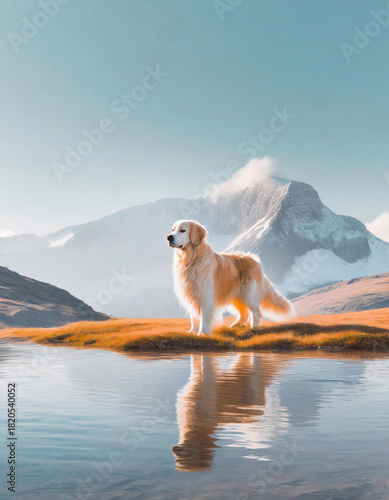 Serious golden retriever dog at edge of lake with mountains in background and reflection in water