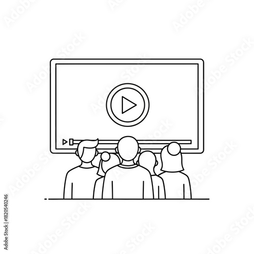 Outline icon of a group of people watching a video presentation or movie on a large screen vector illustration