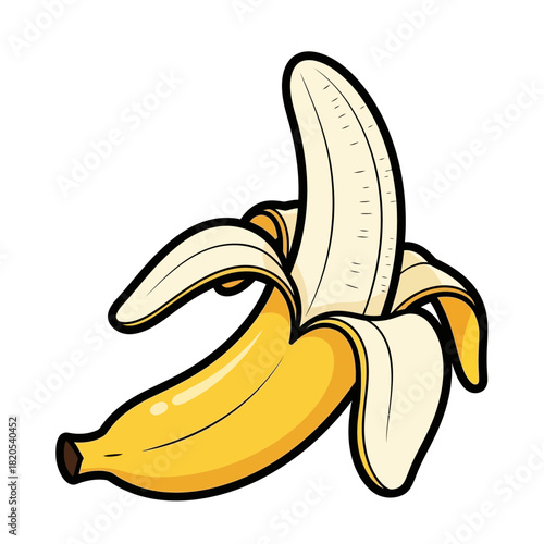 Cartoon illustration of a ripe yellow banana partially peeled, vector illustration