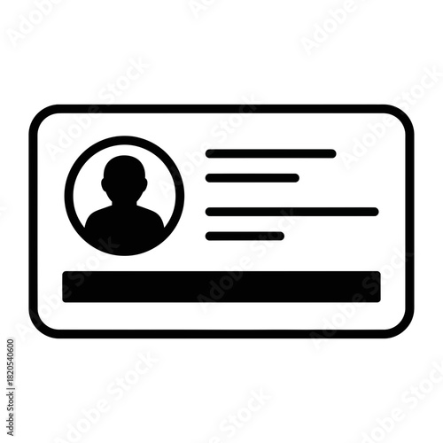 Black and white icon representing an identification card or badge with a profile silhouette and text lines, vector illustration