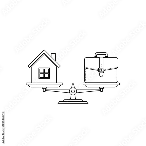 Balance scale comparing house and briefcase, symbolizing work life balance choice or decision vector illustration