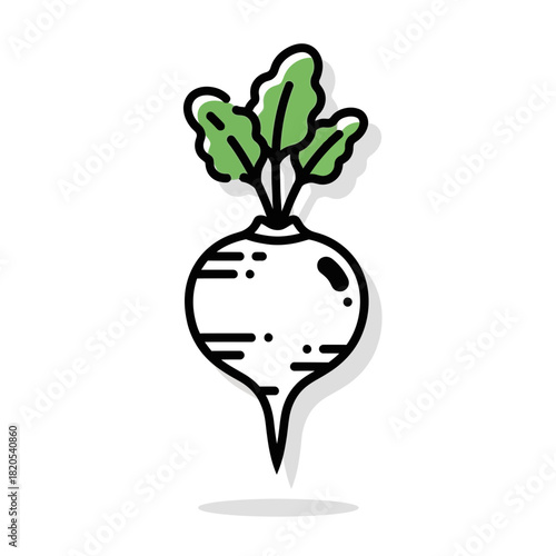 Cute doodle icon of a radish vegetable with green leaves, vector illustration