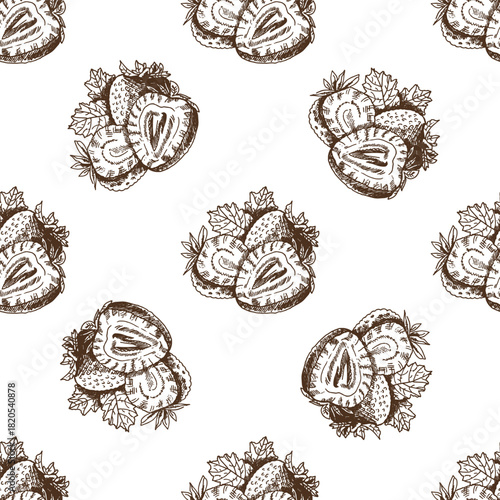 Hand drawn vintage seamless pattern of strawberries with leaves in monochrome outline, isolated vector fruit food background