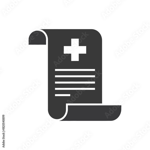 Black silhouette icon of a medical document or prescription paper with a white cross symbol on a vector illustration