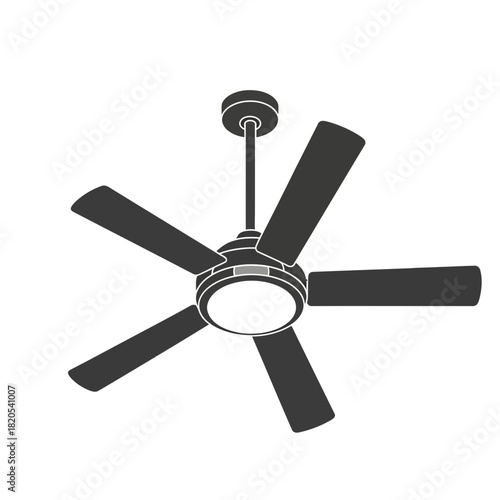 Silhouette icon of a modern ceiling fan with five blades and a central light fixture, vector illustration