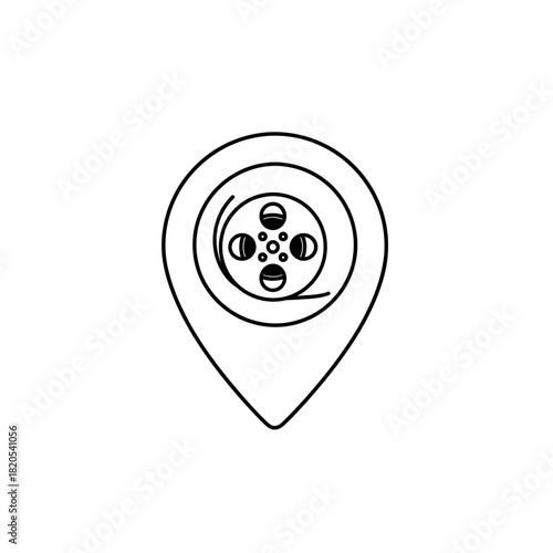 Outline icon of a map pin marker containing a film reel, symbolizing a cinema location or movie spot, vector illustration
