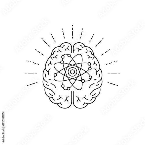 Line art icon of a human brain with an atom structure inside symbolizing science, intelligence, and thought, vector illustration