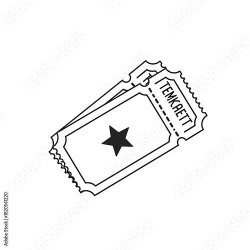 Black and white line art illustration of two stacked vintage style admission tickets with a star symbol and text, vector illustration