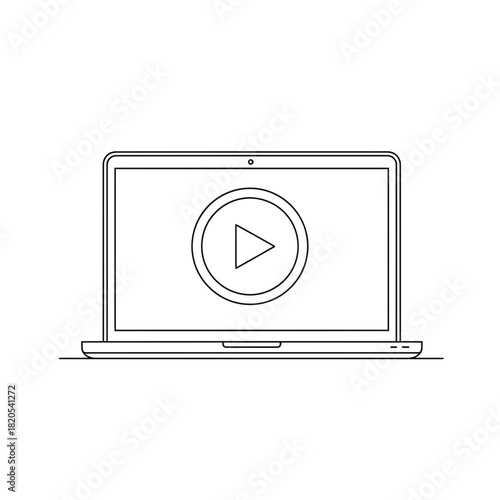 Outline icon of a laptop computer displaying a video play button symbol on the screen, vector illustration