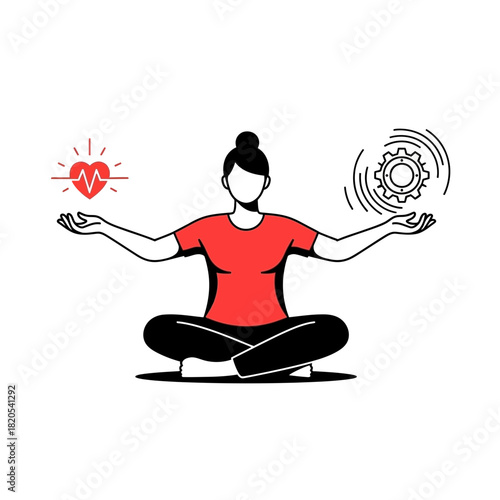 Woman meditating balancing heart health and work productivity concept vector illustration