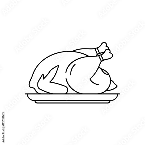 Outline icon of a whole roasted chicken or turkey served on a platter, vector illustration