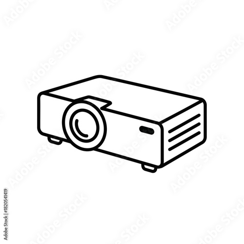 Simple black and white line art icon of a digital projector viewed from a slight angle, vector illustration