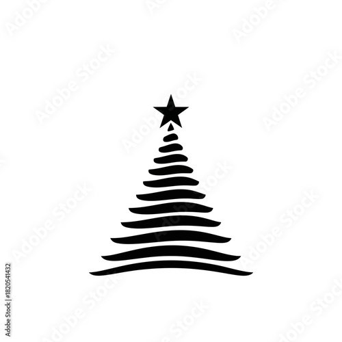 Minimalist black and white abstract christmas tree icon made of stacked wavy lines with a star on top, vector illustration