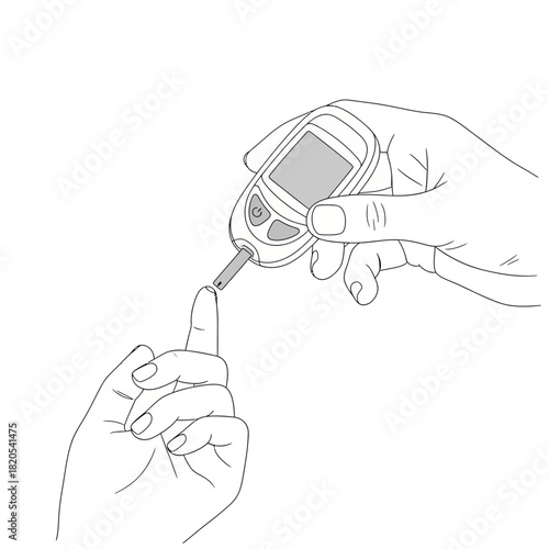 Line drawing illustration of a person using a glucometer to check blood sugar level from a finger prick, vector illustration