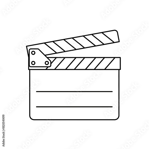 Simple black and white line art icon of an open movie film clapperboard vector illustration