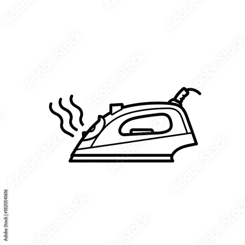 Black and white line art icon of a steam iron with steam coming out, vector illustration