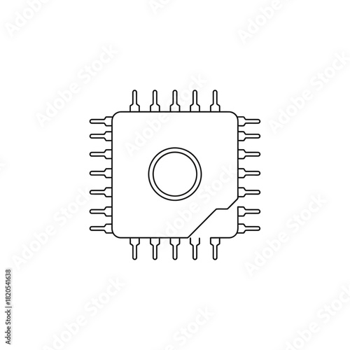 Outline drawing of a square integrated circuit chip with multiple pins, vector illustration