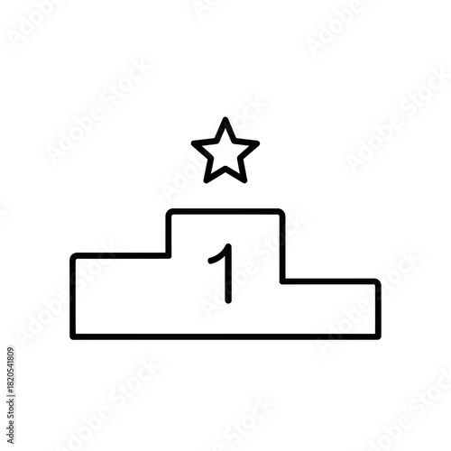 Simple black and white line icon of a winners podium with the number one and a star on top, vector illustration