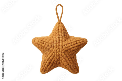 A soft handmade knitted star ornament in a warm brown color hangs from a loop, showcasing its cozy texture and rustic charm for festive holiday home decor