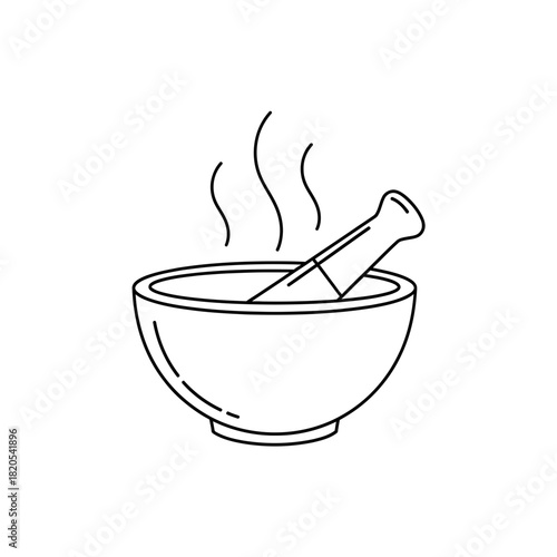 Line art icon of a steaming mortar and pestle used for grinding herbs or mixing ingredients, vector illustration