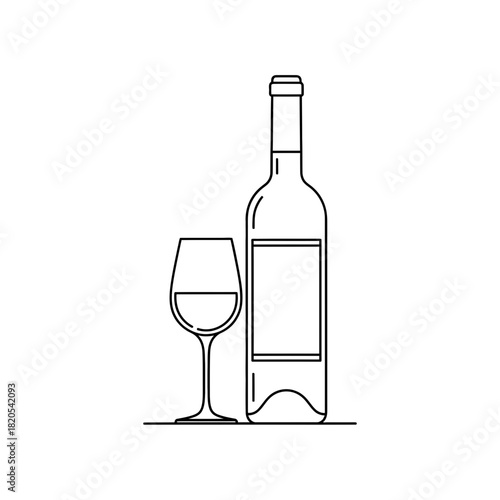 Outline icon of a wine bottle next to a wine glass, vector illustration