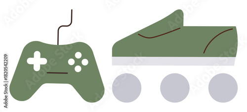 Green gaming controller with buttons and a cord alongside a minimalist tank toy on wheels. Ideal for gaming, entertainment, technology, military, strategy, hobbies, childhood. Simple flat metaphor