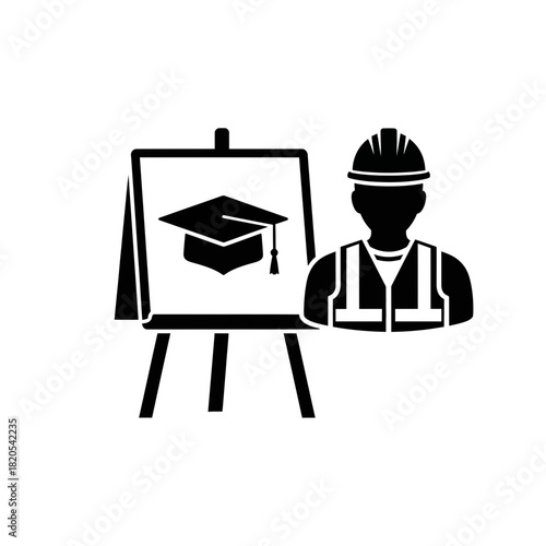 Black silhouette icon representing construction worker education, training, or graduation concept vector illustration
