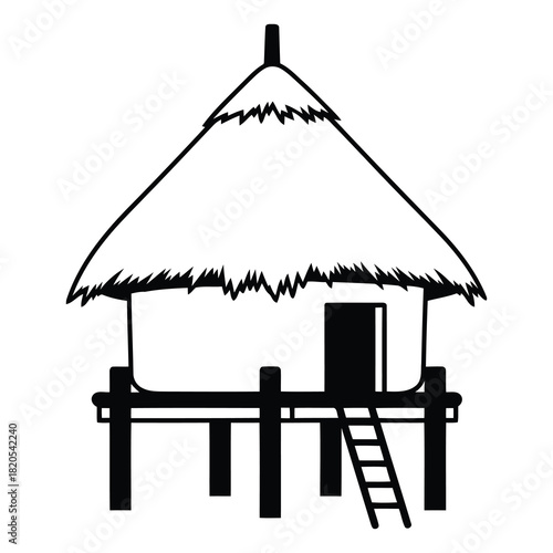 Black and white line art of a traditional stilt house with thatched roof, isolated on