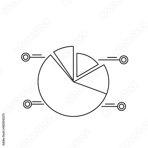 Outline icon of a pie chart with four segments and callout lines for data presentation, vector illustration